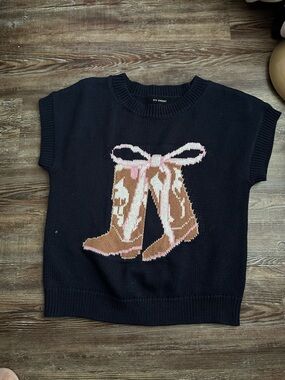 Blu Pepper Navy Knit Sweater Vest with Pink Bow and Tan Boot Motif